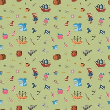 Cute Pirate elements Seamless Pattern. Cartoon items Pirate and objects. ba.. Stockillustratie