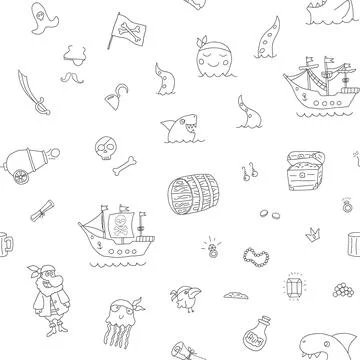 Cute Pirate elements Seamless Pattern. Cartoon items Pirate and objects. ba.. イラスト素材