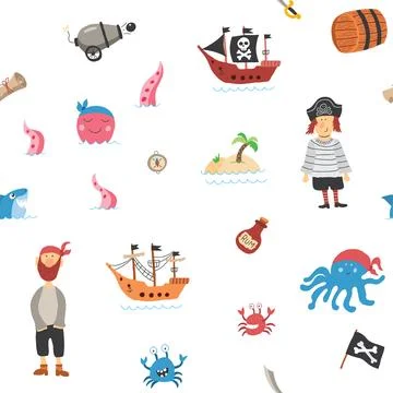 Cute Pirate elements Seamless Pattern. Cartoon items Pirate and objects. ba.. Stock Illustration
