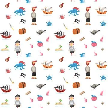 Cute Pirate elements Seamless Pattern. Cartoon items Pirate and objects. ba.. Stockillustratie
