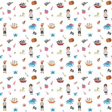 Cute Pirate elements Seamless Pattern. Cartoon items Pirate and objects. ba.. Stock Illustration
