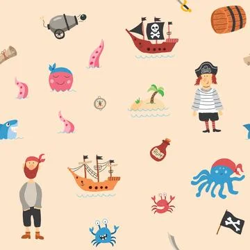 Cute Pirate elements Seamless Pattern. Cartoon items Pirate and objects. ba.. 스톡 일러스트