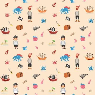 Cute Pirate elements Seamless Pattern. Cartoon items Pirate and objects. ba.. Illustrazione stock