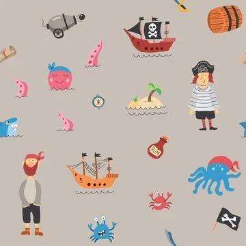 Cute Pirate elements Seamless Pattern. Cartoon items Pirate and objects. ba.. Stock Illustration