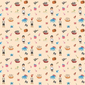 Cute Pirate elements Seamless Pattern. Cartoon items Pirate and objects. ba.. Stock Illustration