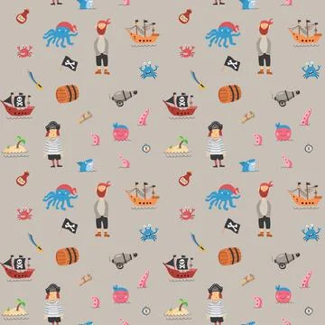 Cute Pirate elements Seamless Pattern. Cartoon items Pirate and objects. ba.. Stock Illustration