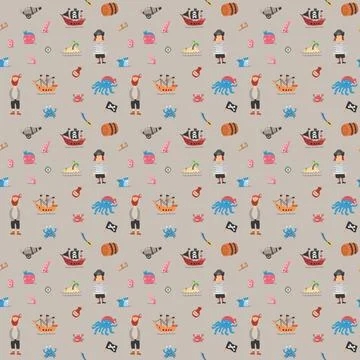 Cute Pirate elements Seamless Pattern. Cartoon items Pirate and objects. ba.. Illustrazione stock