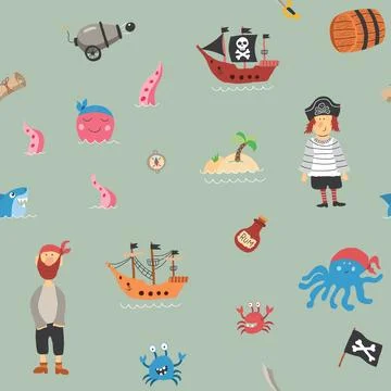 Cute Pirate elements Seamless Pattern. Cartoon items Pirate and objects. ba.. Stock Illustration