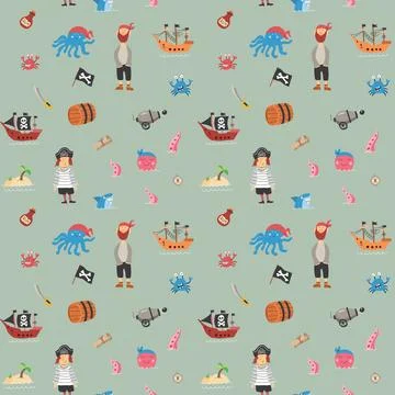 Cute Pirate elements Seamless Pattern. Cartoon items Pirate and objects. ba.. Stock Illustration