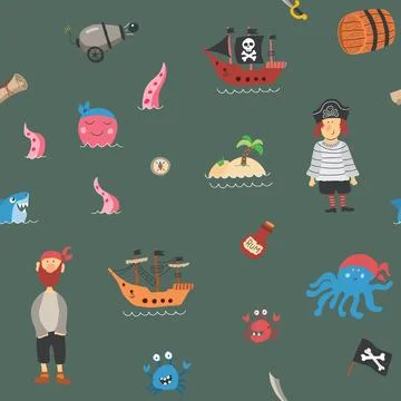 Cute Pirate elements Seamless Pattern. Cartoon items Pirate and objects. ba.. Stockillustratie