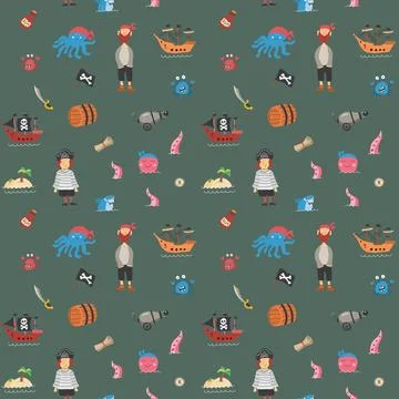 Cute Pirate elements Seamless Pattern. Cartoon items Pirate and objects. ba.. イラスト素材