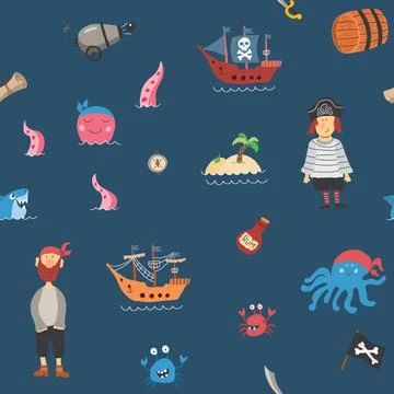 Cute Pirate elements Seamless Pattern. Cartoon items Pirate and objects. ba.. Illustrazione stock