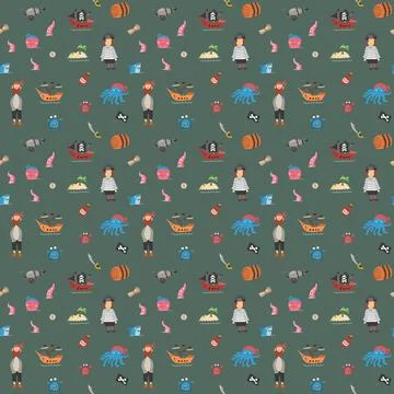 Cute Pirate elements Seamless Pattern. Cartoon items Pirate and objects. ba.. Illustrazione stock