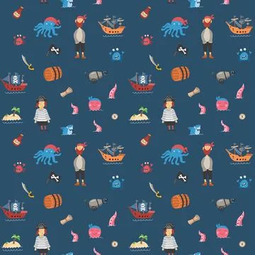 Cute Pirate elements Seamless Pattern. Cartoon items Pirate and objects. ba.. Illustrazione stock