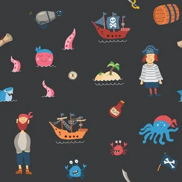 Cute Pirate elements Seamless Pattern. Cartoon items Pirate and objects. ba.. イラスト素材