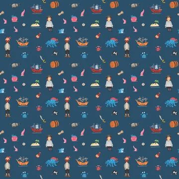 Cute Pirate elements Seamless Pattern. Cartoon items Pirate and objects. ba.. イラスト素材