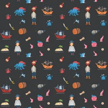 Cute Pirate elements Seamless Pattern. Cartoon items Pirate and objects. ba.. Stock Illustration