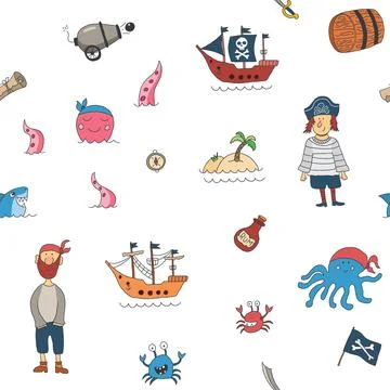 Cute Pirate elements Seamless Pattern. Cartoon items Pirate and objects. ba.. イラスト素材