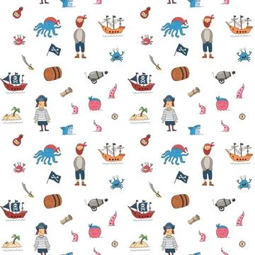Cute Pirate elements Seamless Pattern. Cartoon items Pirate and objects. ba.. Stockillustratie