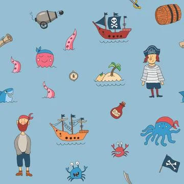 Cute Pirate elements Seamless Pattern. Cartoon items Pirate and objects. ba.. Stock Illustration