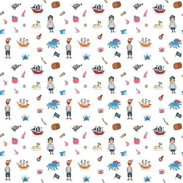 Cute Pirate elements Seamless Pattern. Cartoon items Pirate and objects. ba.. Illustrazione stock