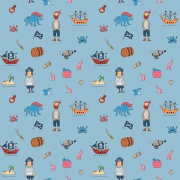 Cute Pirate elements Seamless Pattern. Cartoon items Pirate and objects. ba.. Stock Illustration