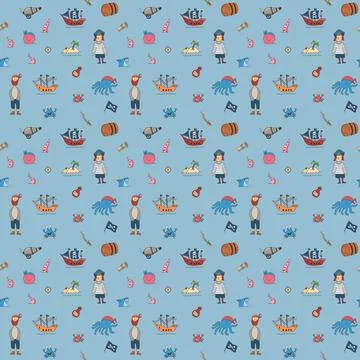 Cute Pirate elements Seamless Pattern. Cartoon items Pirate and objects. ba.. 库存插图