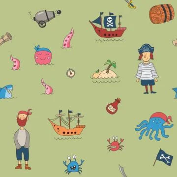 Cute Pirate elements Seamless Pattern. Cartoon items Pirate and objects. ba.. Illustrazione stock