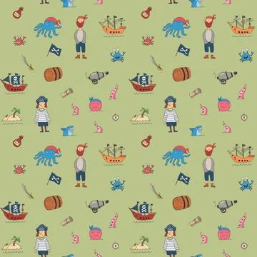 Cute Pirate elements Seamless Pattern. Cartoon items Pirate and objects. ba.. Stock Illustration