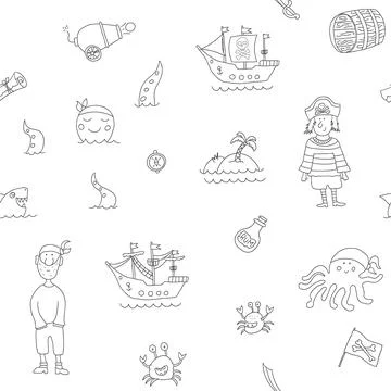 Cute Pirate elements Seamless Pattern. Cartoon items Pirate and objects. ba.. イラスト素材