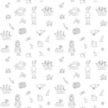 Cute Pirate elements Seamless Pattern. Cartoon items Pirate and objects. ba.. Illustrazione stock