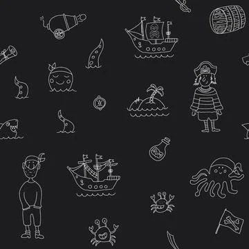 Cute Pirate elements Seamless Pattern. Cartoon items Pirate and objects. ba.. Illustrazione stock