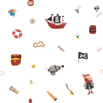 Cute Pirate elements Seamless Pattern. Cartoon items Pirate and objects. ba.. Illustrazione stock