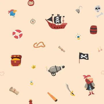 Cute Pirate elements Seamless Pattern. Cartoon items Pirate and objects. ba.. 스톡 일러스트