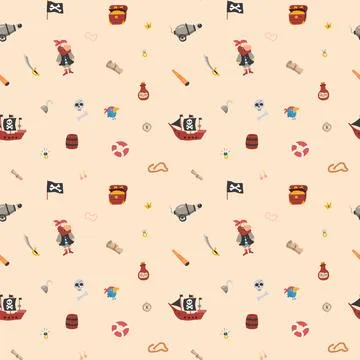 Cute Pirate elements Seamless Pattern. Cartoon items Pirate and objects. ba.. Stock Illustration