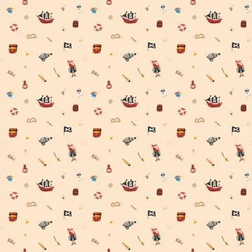 Cute Pirate elements Seamless Pattern. Cartoon items Pirate and objects. ba.. イラスト素材