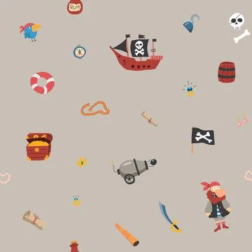 Cute Pirate elements Seamless Pattern. Cartoon items Pirate and objects. ba.. Illustrazione stock
