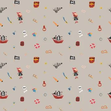 Cute Pirate elements Seamless Pattern. Cartoon items Pirate and objects. ba.. 스톡 일러스트