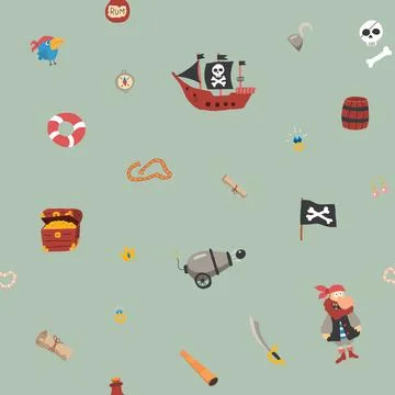 Cute Pirate elements Seamless Pattern. Cartoon items Pirate and objects. ba.. Stock Illustration
