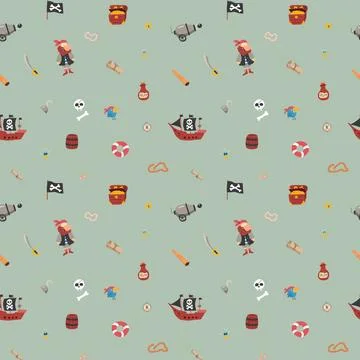 Cute Pirate elements Seamless Pattern. Cartoon items Pirate and objects. ba.. Illustrazione stock