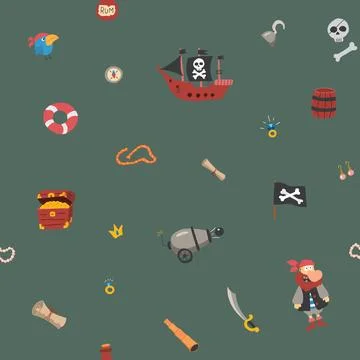 Cute Pirate elements Seamless Pattern. Cartoon items Pirate and objects. ba.. イラスト素材