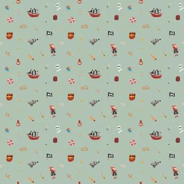 Cute Pirate elements Seamless Pattern. Cartoon items Pirate and objects. ba.. Stock Illustration