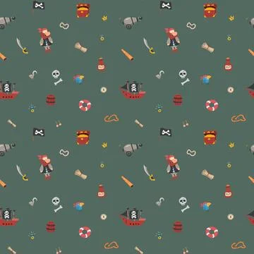 Cute Pirate elements Seamless Pattern. Cartoon items Pirate and objects. ba.. Stock Illustration
