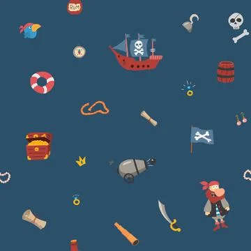 Cute Pirate elements Seamless Pattern. Cartoon items Pirate and objects. ba.. Stock Illustration