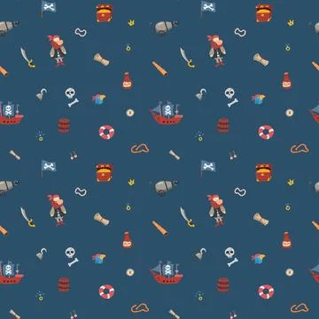 Cute Pirate elements Seamless Pattern. Cartoon items Pirate and objects. ba.. Illustrazione stock