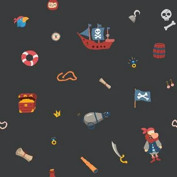 Cute Pirate elements Seamless Pattern. Cartoon items Pirate and objects. ba.. Illustrazione stock