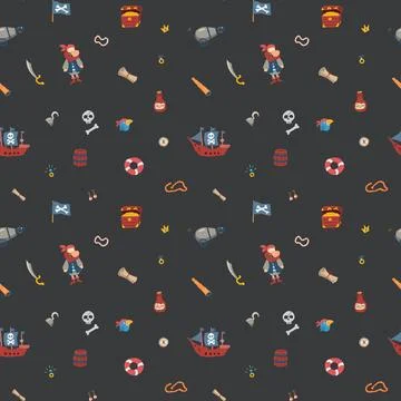 Cute Pirate elements Seamless Pattern. Cartoon items Pirate and objects. ba.. イラスト素材