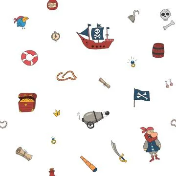 Cute Pirate elements Seamless Pattern. Cartoon items Pirate and objects. ba.. Illustrazione stock