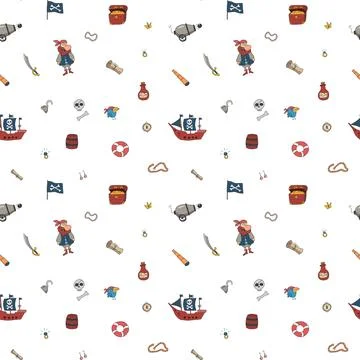 Cute Pirate elements Seamless Pattern. Cartoon items Pirate and objects. ba.. 库存插图