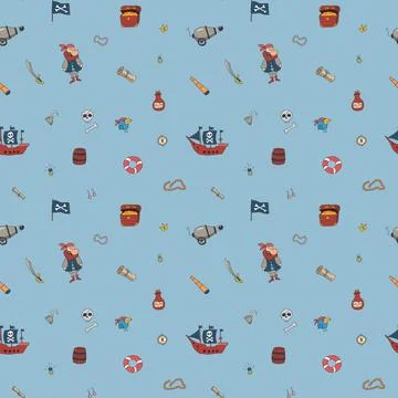 Cute Pirate elements Seamless Pattern. Cartoon items Pirate and objects. ba.. Illustrazione stock